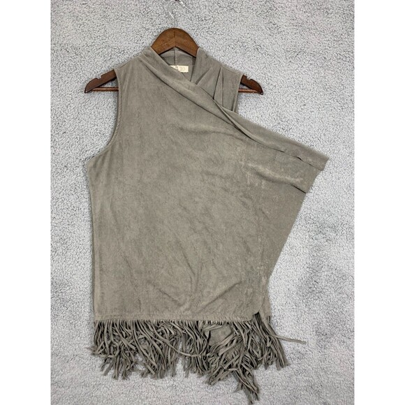 Large (L) Pink Rose Gray Faux Suede Microfiber Fringe Kimono Cardigan Vest - Picture 8 of 16